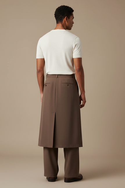Pantalon Jupe Marron Ample Plissé Ceinturé Homme - Polyester - vue 2