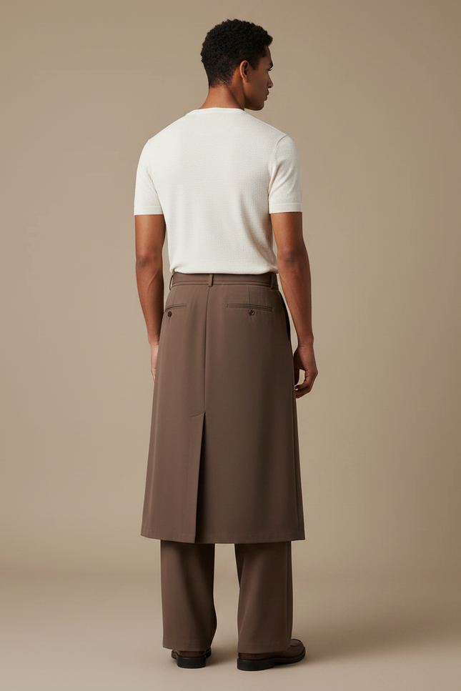 Pantalon Jupe Marron Ample Plissé Ceinturé Homme - Polyester - vue 2