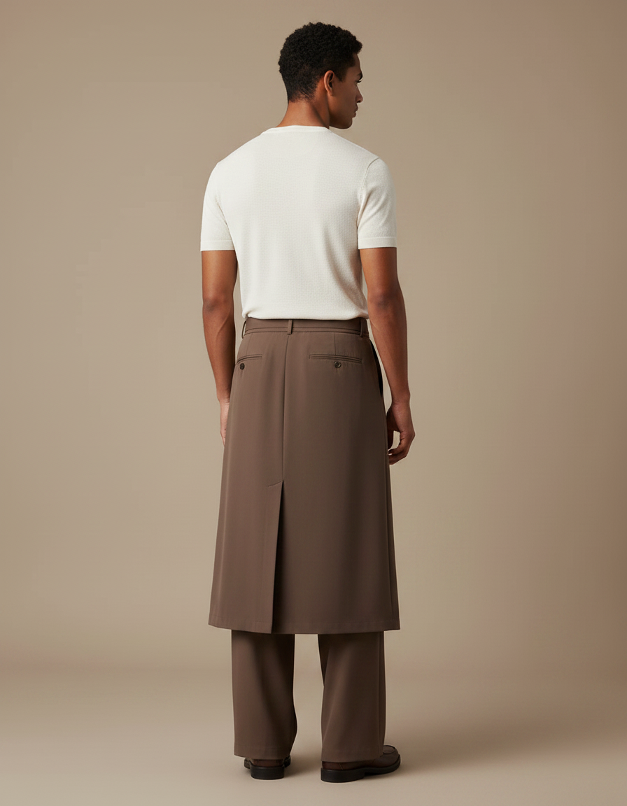 Pantalon Jupe Marron Ample Plissé Ceinturé Homme - Polyester - vue 2