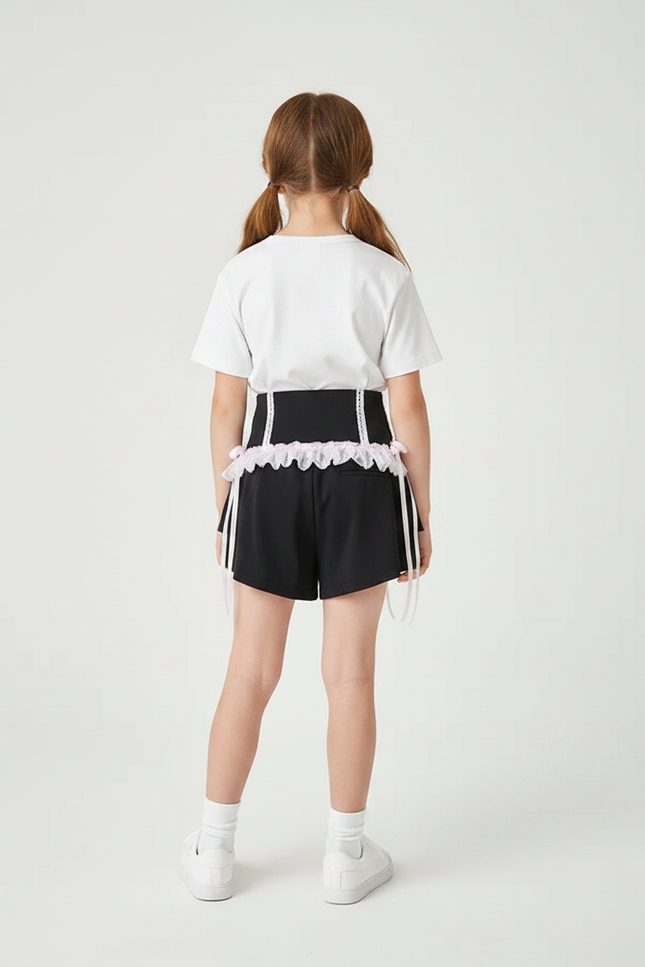 Pantalon Jupe Noir Dentelle Rose Nœuds Lolita - Polyester - vue 2