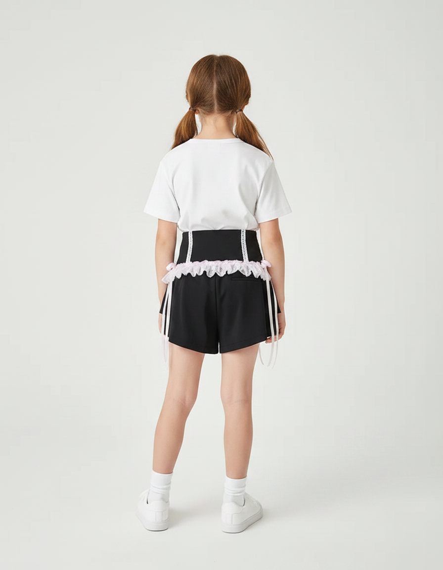 Pantalon Jupe Noir Dentelle Rose Nœuds Lolita - Polyester - vue 2