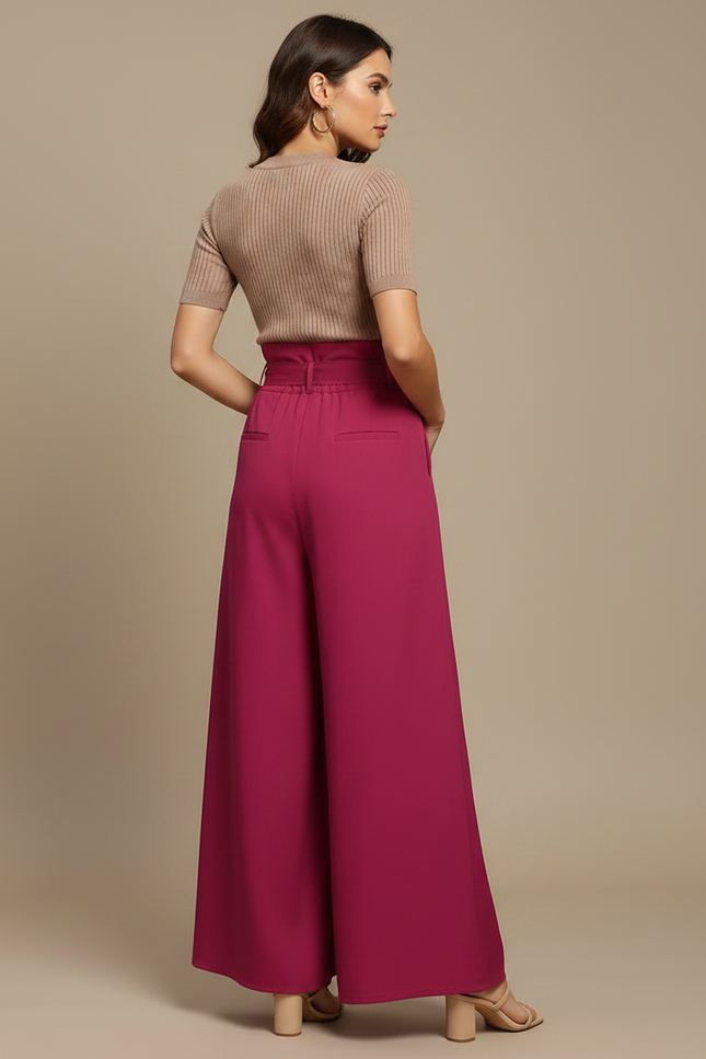 Pantalon Jupe Fuchsia Long Boutons Ceinturé Élégant - Rose Polyester - vue 2