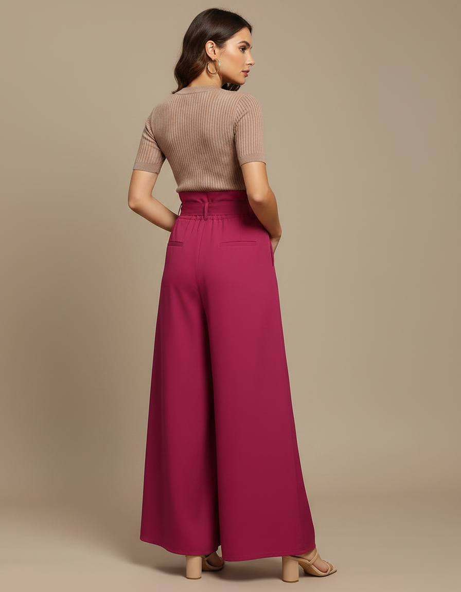 Pantalon Jupe Fuchsia Long Boutons Ceinturé Élégant - Rose Polyester - vue 2