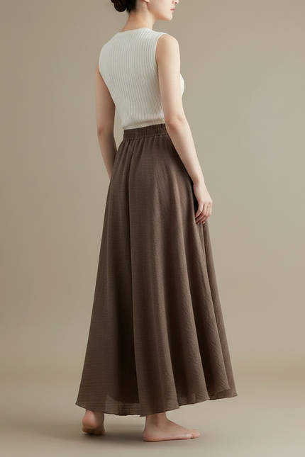 Pantalon Jupe Marron Ample Lin Coton Longue - vue 2