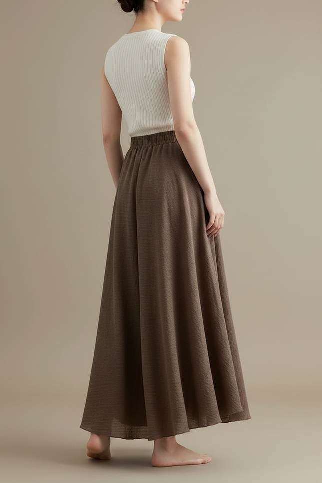 Pantalon Jupe Marron Ample Lin Coton Longue - vue 2