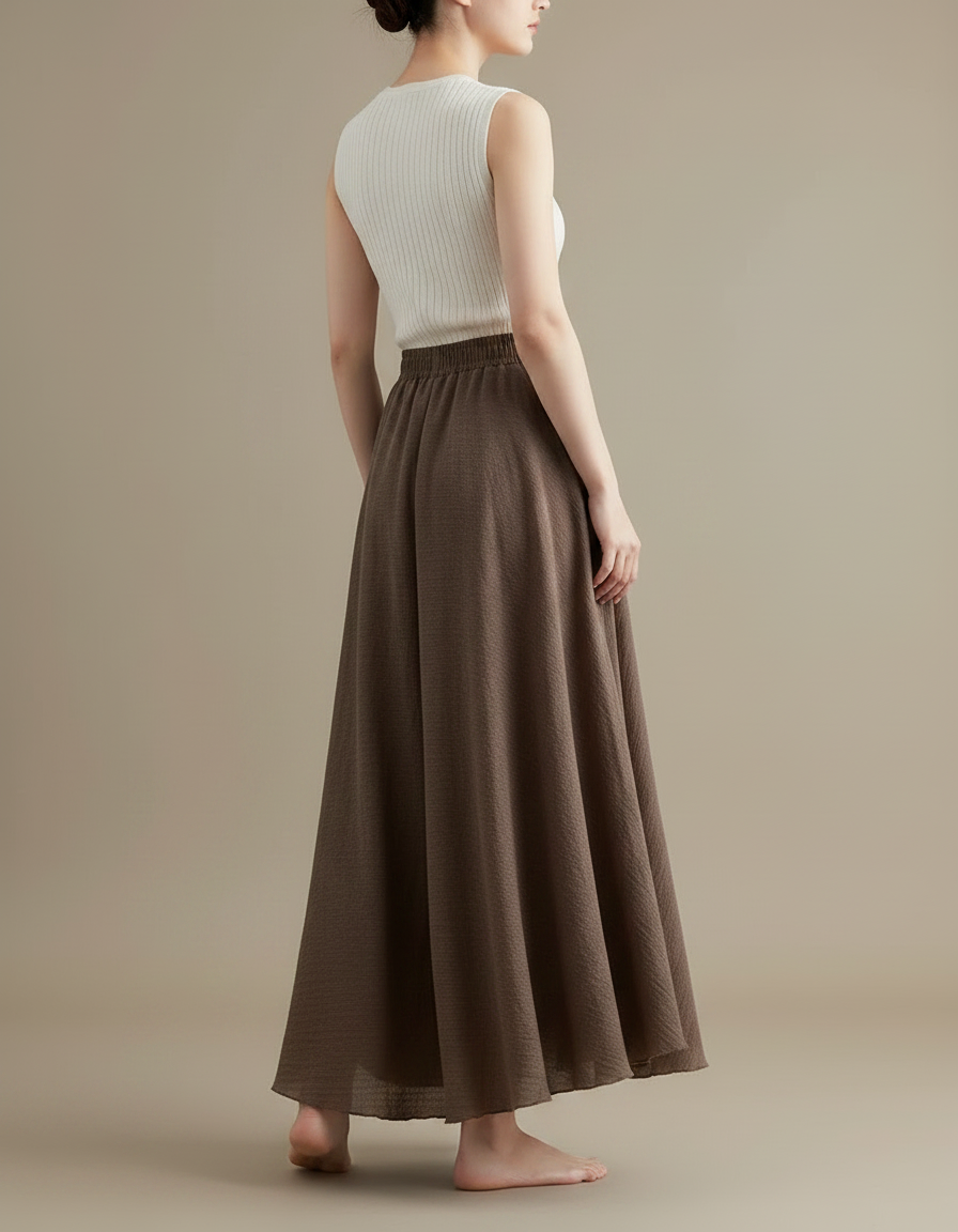Pantalon Jupe Marron Ample Lin Coton Longue - vue 2