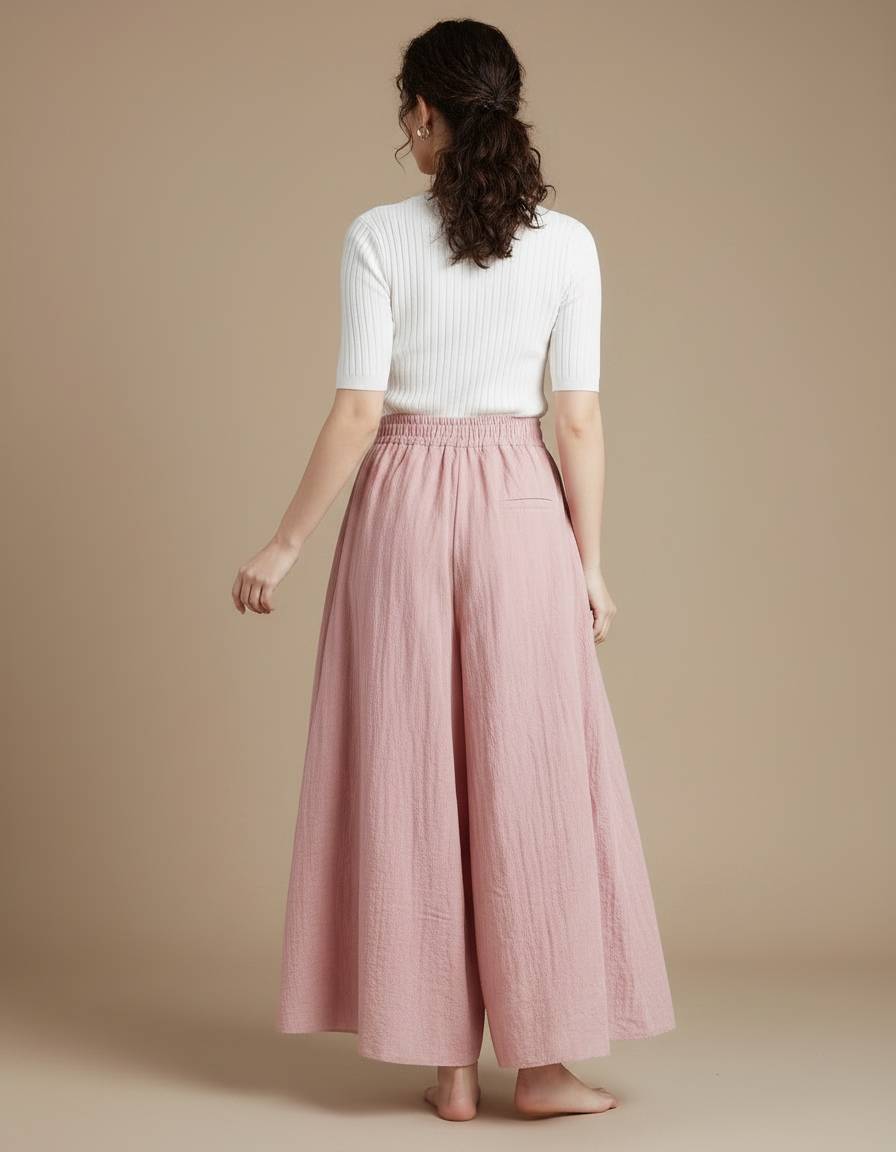 Pantalon Jupe Rose Ample Fluide Coton Élégant - Lin - vue 2