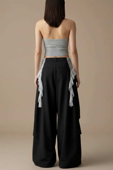 Pantalon Jupe Noir Dentelle Ample Asymétrique Fluide - Polyester - vue 2