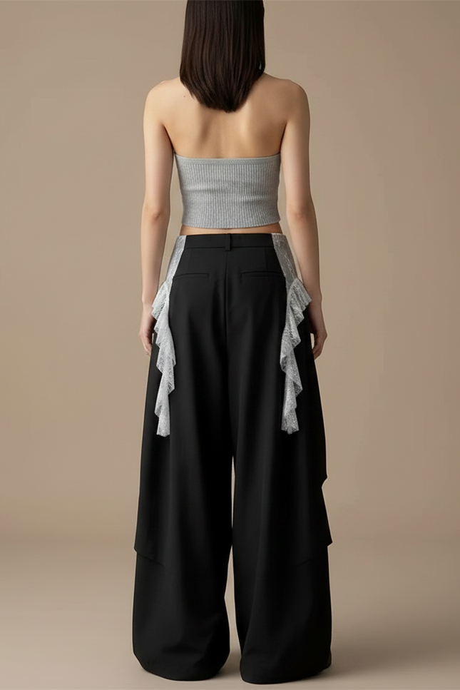 Pantalon Jupe Noir Dentelle Ample Asymétrique Fluide - Polyester - vue 2