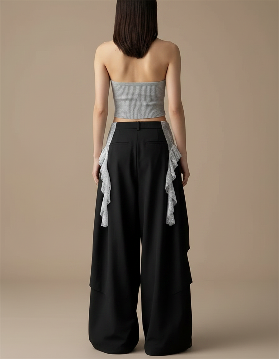 Pantalon Jupe Noir Dentelle Ample Asymétrique Fluide - Polyester - vue 2