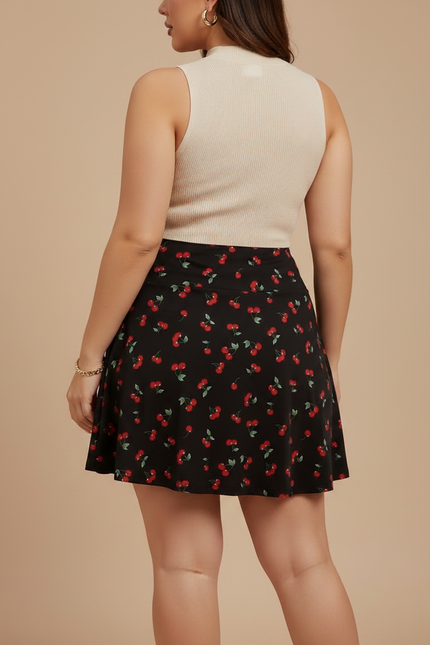 Pantalon Jupe Noir Cerises Plissé Mini Décontracté - Polyester - vue 2