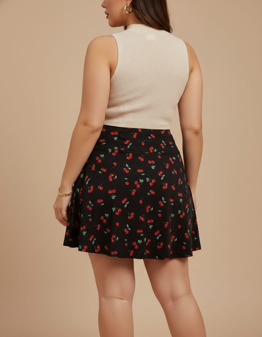 Pantalon Jupe Noir Cerises Plissé Mini Décontracté - Polyester - vue 2