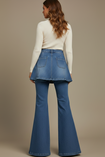 Pantalon Jupe Denim Bleu Évasé Boutonné Chic - Jean - vue 2