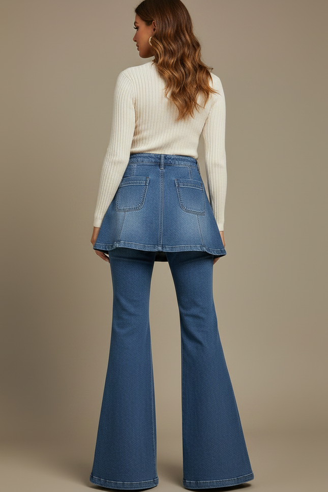 Pantalon Jupe Denim Bleu Évasé Boutonné Chic - Jean - vue 2