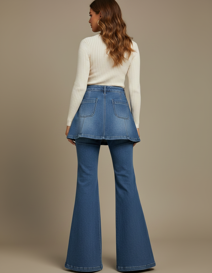 Pantalon Jupe Denim Bleu Évasé Boutonné Chic - Jean - vue 2