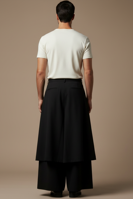 Pantalon Jupe Noir Plissé Ample Superposé Unisexe - Polyester - vue 2