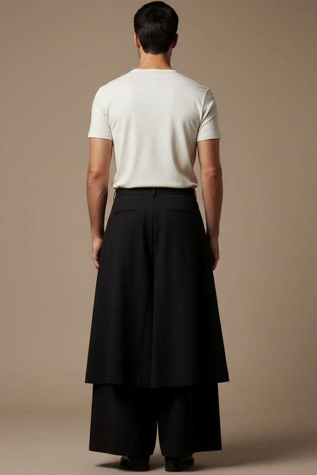 Pantalon Jupe Noir Plissé Ample Superposé Unisexe - Polyester - vue 2
