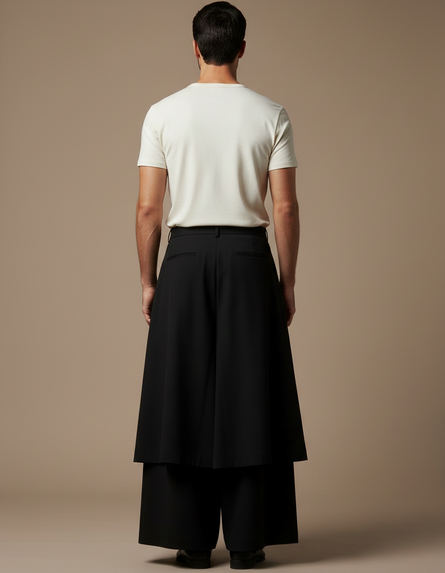 Pantalon Jupe Noir Plissé Ample Superposé Unisexe - Polyester - vue 2