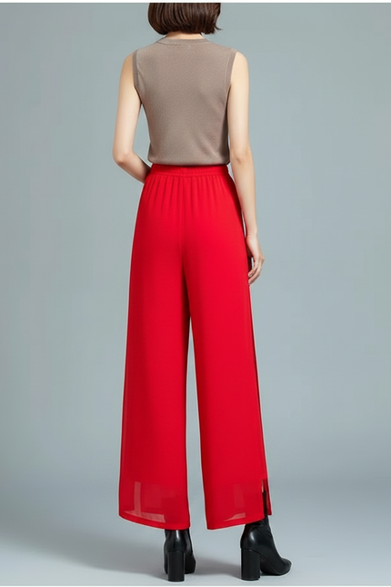 Pantalon Jupe Rouge Fluide Fendu Large Chiffon Élégant - Polyester - vue 2