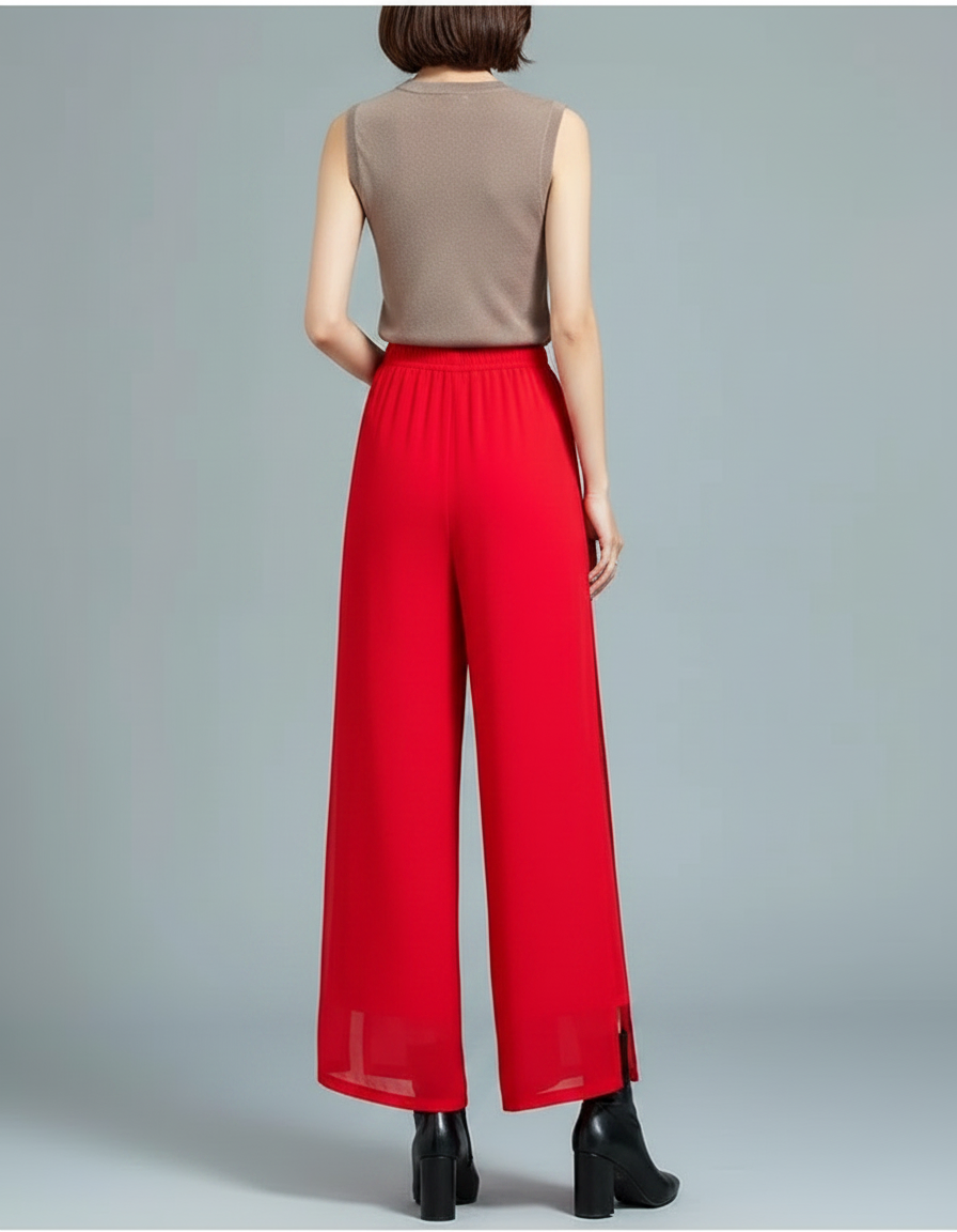 Pantalon Jupe Rouge Fluide Fendu Large Chiffon Élégant - Polyester - vue 2