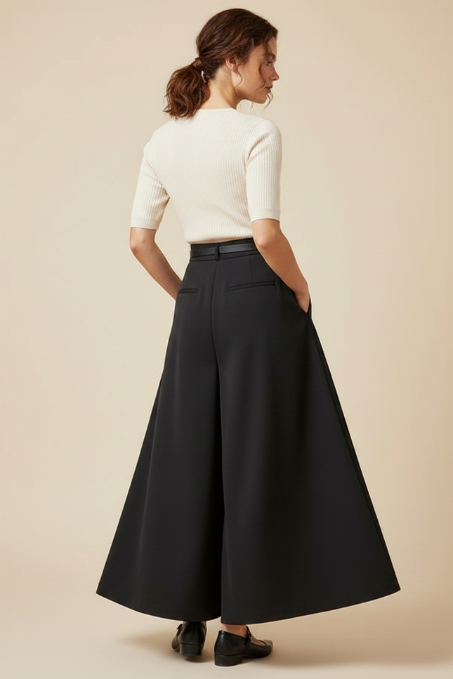 Pantalon Jupe Noir Ample Fluide Élégant Ceinturé - Polyester - vue 2