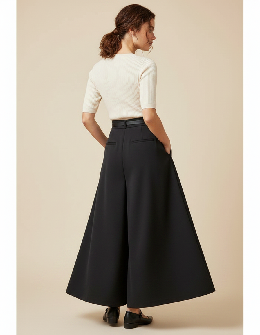 Pantalon Jupe Noir Ample Fluide Élégant Ceinturé - Polyester - vue 2