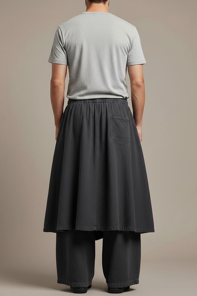 Pantalon Jupe Ample Gris Plissé Décontracté Homme - Toile - vue 2