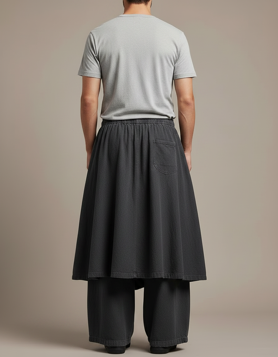 Pantalon Jupe Ample Gris Plissé Décontracté Homme - Toile - vue 2