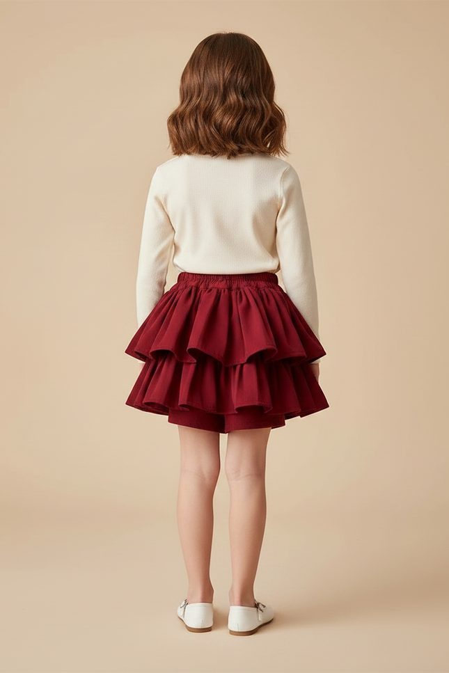 Pantalon Jupe Rouge Volants Plissé Enfant Mignon - Bordeaux Gabardine - vue 2