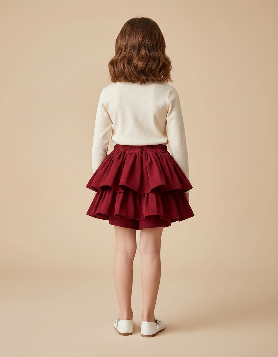 Pantalon Jupe Rouge Volants Plissé Enfant Mignon - Bordeaux Gabardine - vue 2