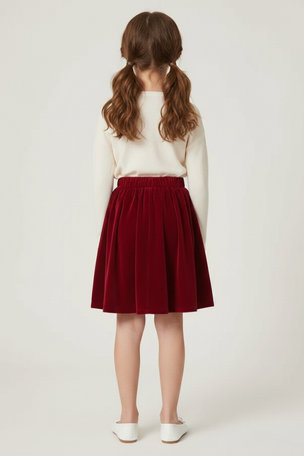 Pantalon Jupe Rouge Velours Plissé Fille Élégant - Bordeaux - vue 2