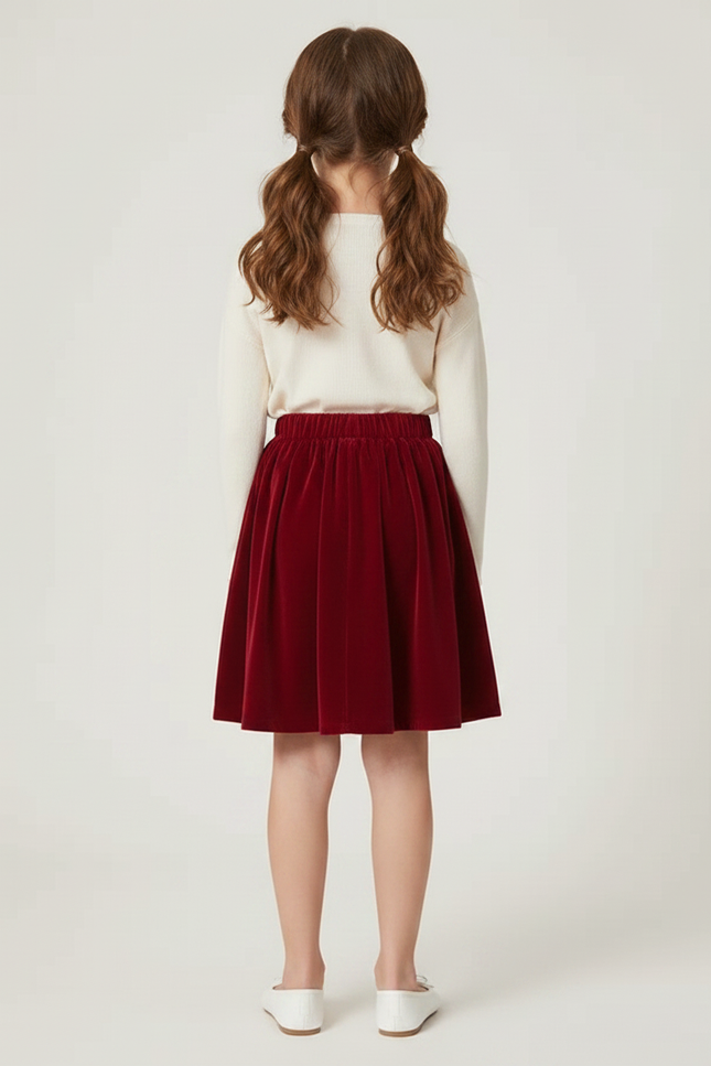 Pantalon Jupe Rouge Velours Plissé Fille Élégant - Bordeaux - vue 2