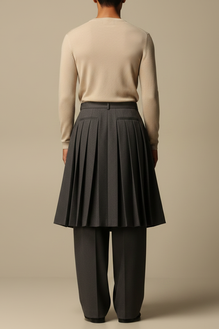 Pantalon Jupe Gris Plissé Ample Superposé Élégant - Laine - vue 2
