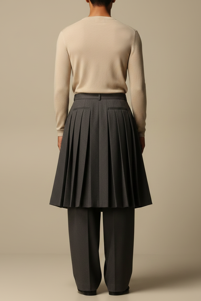 Pantalon Jupe Gris Plissé Ample Superposé Élégant - Laine - vue 2