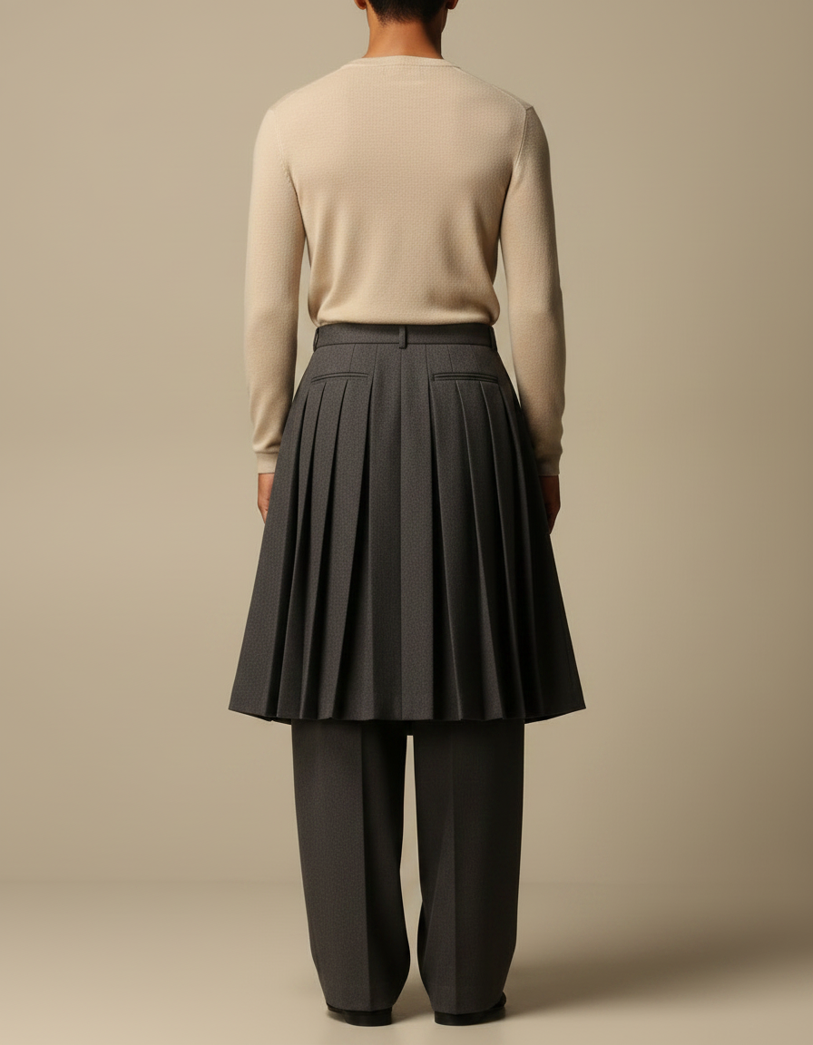 Pantalon Jupe Gris Plissé Ample Superposé Élégant - Laine - vue 2