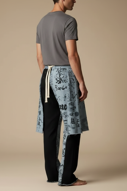 Pantalon Jupe Bleu Imprimé Calligraphie Asymétrique Décontracté Homme - Jean - vue 2