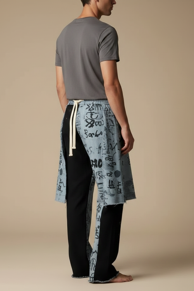Pantalon Jupe Bleu Imprimé Calligraphie Asymétrique Décontracté Homme - Jean - vue 2