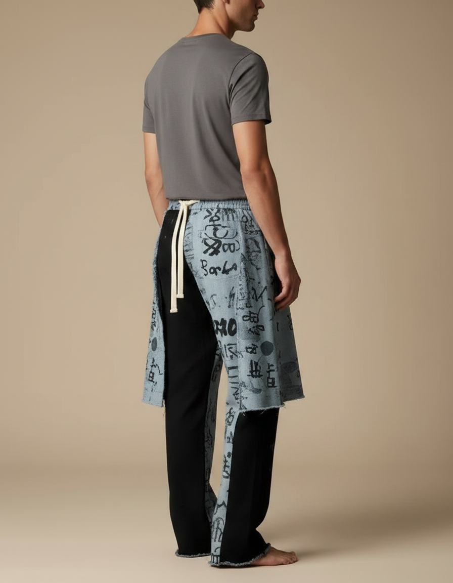 Pantalon Jupe Bleu Imprimé Calligraphie Asymétrique Décontracté Homme - Jean - vue 2