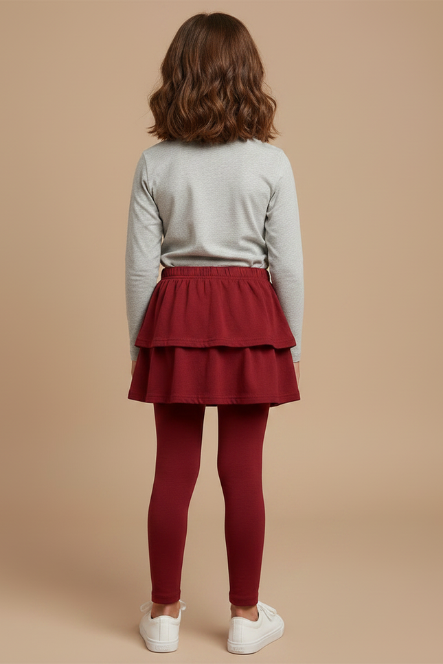 Pantalon Jupe Rouge Superposé Volants Coton Confortable Fille - Bordeaux Molleton - vue 2