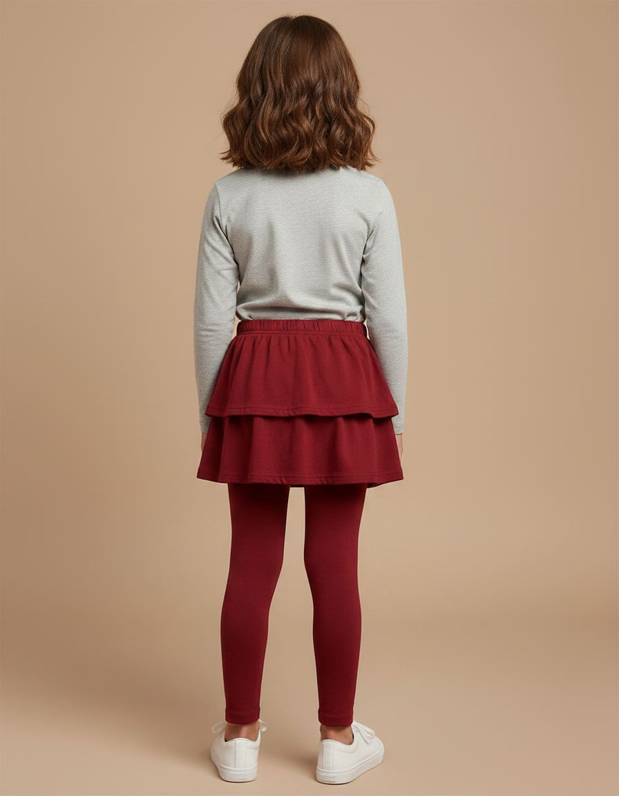 Pantalon Jupe Rouge Superposé Volants Coton Confortable Fille - Bordeaux Molleton - vue 2