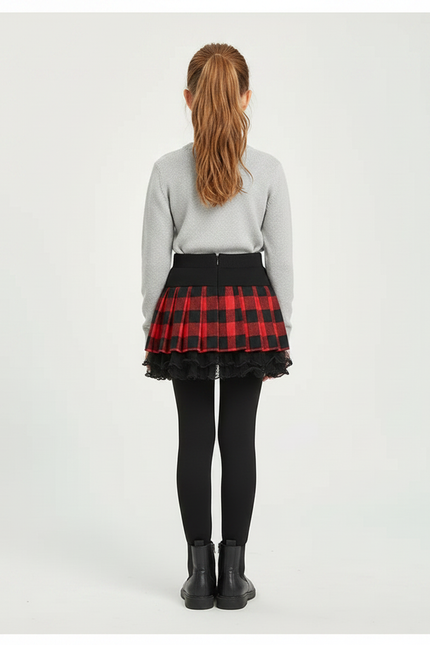 Pantalon Jupe Carreaux Rouge Noir Plissé Chaud Fille - Molleton - vue 2