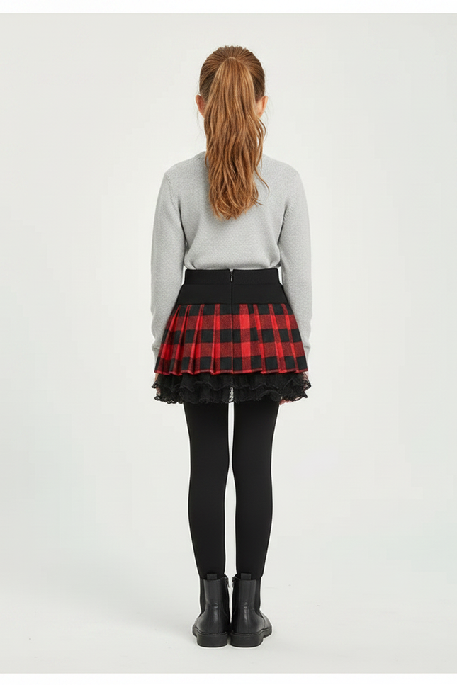 Pantalon Jupe Carreaux Rouge Noir Plissé Chaud Fille - Molleton - vue 2