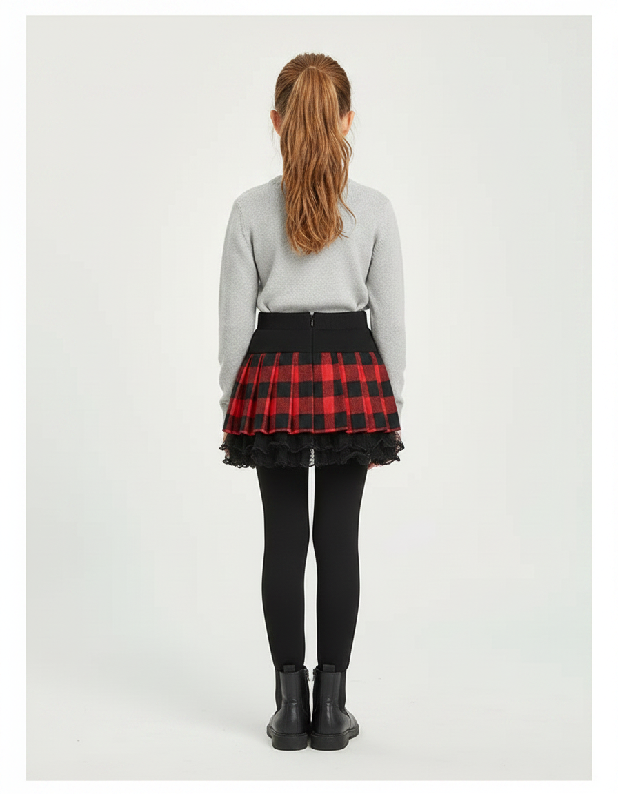 Pantalon Jupe Carreaux Rouge Noir Plissé Chaud Fille - Molleton - vue 2