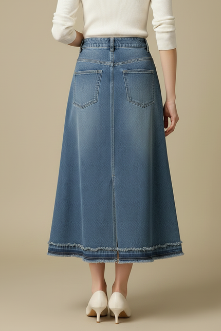 Pantalon Jupe Denim Bleu Évasé Fendu Franges - Jean - vue 2