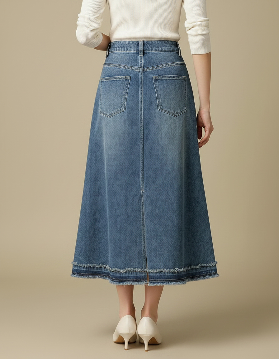 Pantalon Jupe Denim Bleu Évasé Fendu Franges - Jean - vue 2