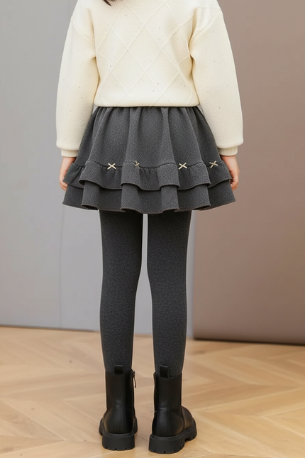 Pantalon Jupe Gris Volants Nœuds Doublé Chaud Fille - Molleton