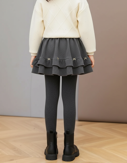 Pantalon Jupe Gris Volants Nœuds Doublé Chaud Fille - Molleton