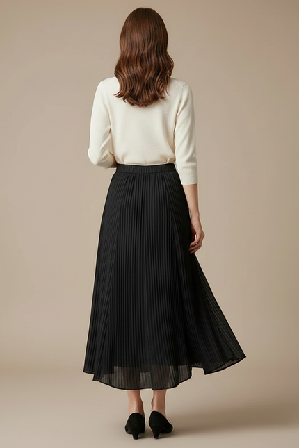 Pantalon Jupe Plissé Noir Long Élégant Fluide - Polyester - vue 2