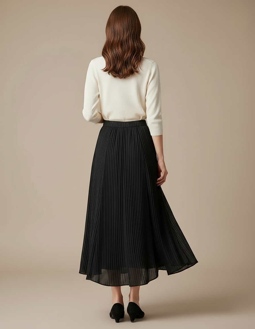 Pantalon Jupe Plissé Noir Long Élégant Fluide - Polyester - vue 2