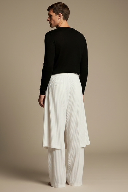 Pantalon Jupe Blanc Plissé Droit Élégant Homme - Cordé - vue 2